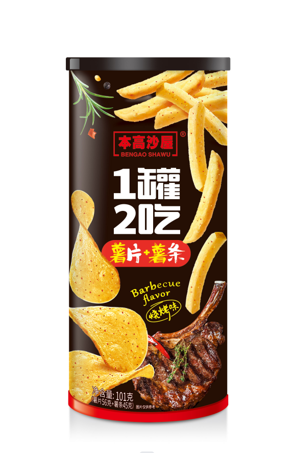 101g本高沙屋燒烤味一罐兩吃原切薯片+薯?xiàng)l