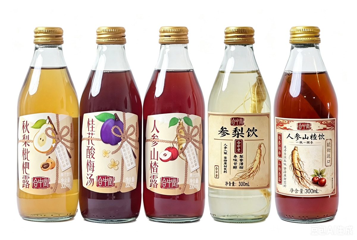 合中堂飲品（人參山楂露、秋梨枇杷露、桂花酸梅湯、參梨飲、人參山楂飲5款口味）