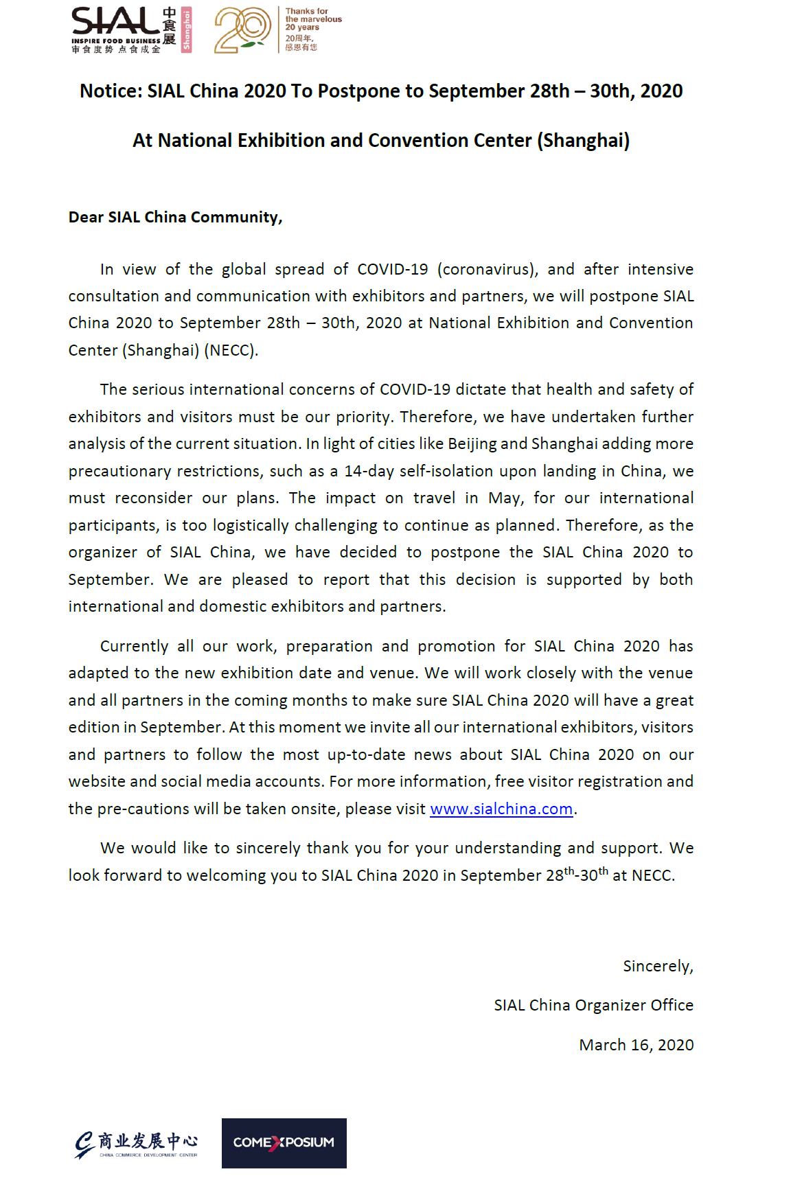 SIAL China 2020 Postponed New Exhibition Dates and Venue Announced