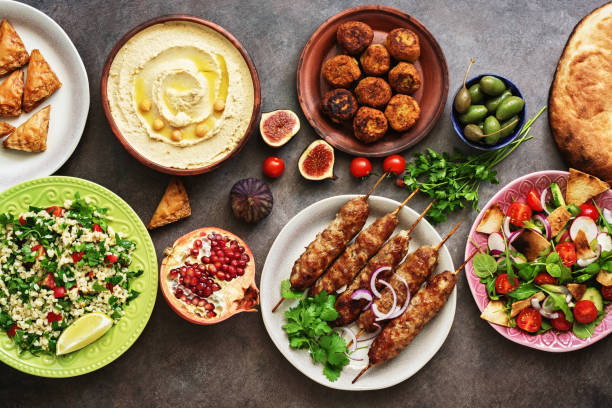 <img src="halal-food-middle-eastern-cuisine-spread.jpg" alt="SIAL China Halal food concept image featuring kebabs hummus and fresh healthy salads">