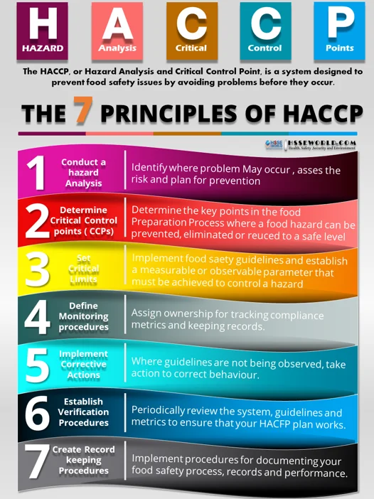 <img src="haccp-principles-overview.png" alt="Overview of the 7 HACCP principles for food safety management">