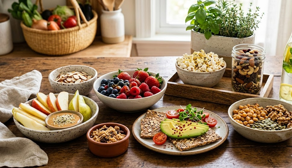 <img src="high-protein-snack-platter.jpg" alt="High protein snack platter featuring avocado toast, berries, chickpeas, and mixed nuts">