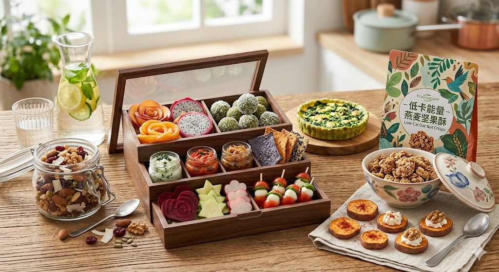 <img src="low-cal-oat-nut-crisps.jpg" alt="Low-cal oat nut crisps product packaging with a variety of healthy snacks and fruit boxes">