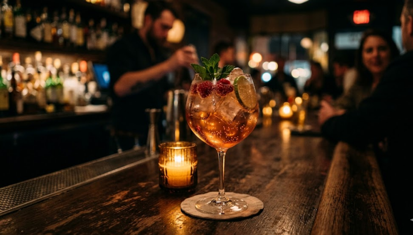 <img src="modern-dim-lit-bar-low-abv-cocktail.jpg" alt="A premium low-alcohol botanical spritz cocktail served in a large wine glass on a wooden bar counter in a dim-lit professional bar setting">
