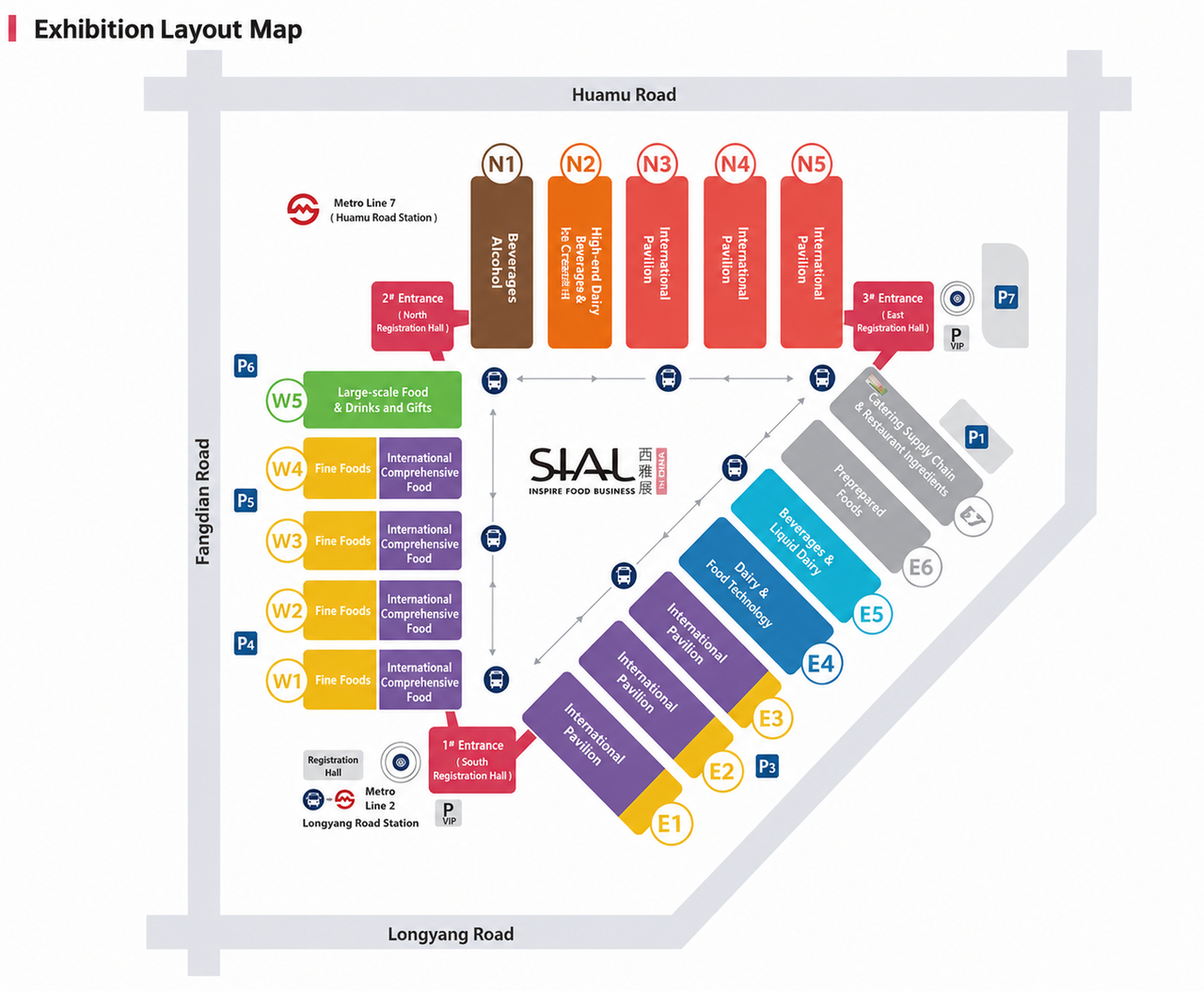 Exhibition layout map of SIAL Shanghai 2026 showing pavilion locations for food, beverages, and international halls