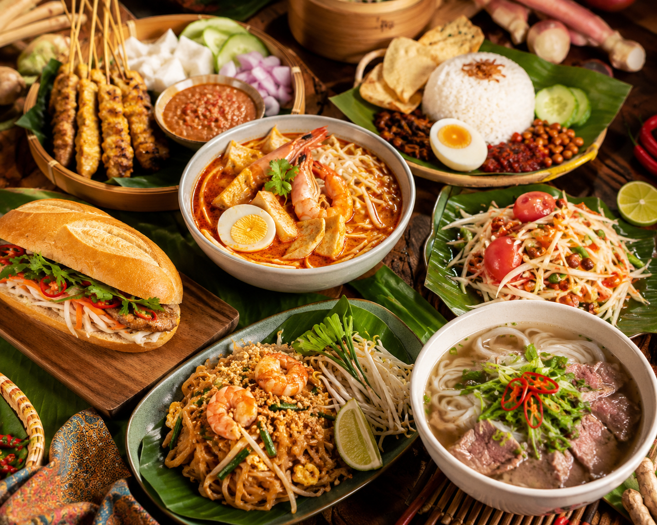 Traditional Southeast Asian food spread featuring laksa, satay skewers, pho, pad thai, and tropical ingredients
