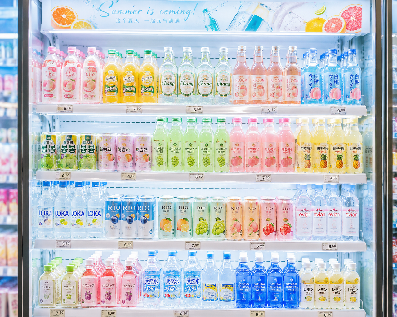 Bright convenience store refrigerator shelf displaying colorful trendy drinks and sparkling drinks