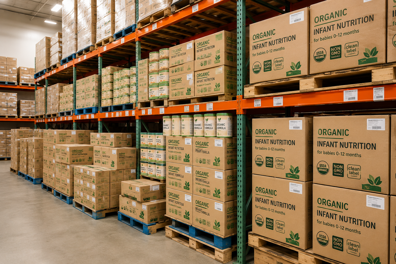 Warehouse shelves stacked high with boxes of bulk organic infant nutrition products