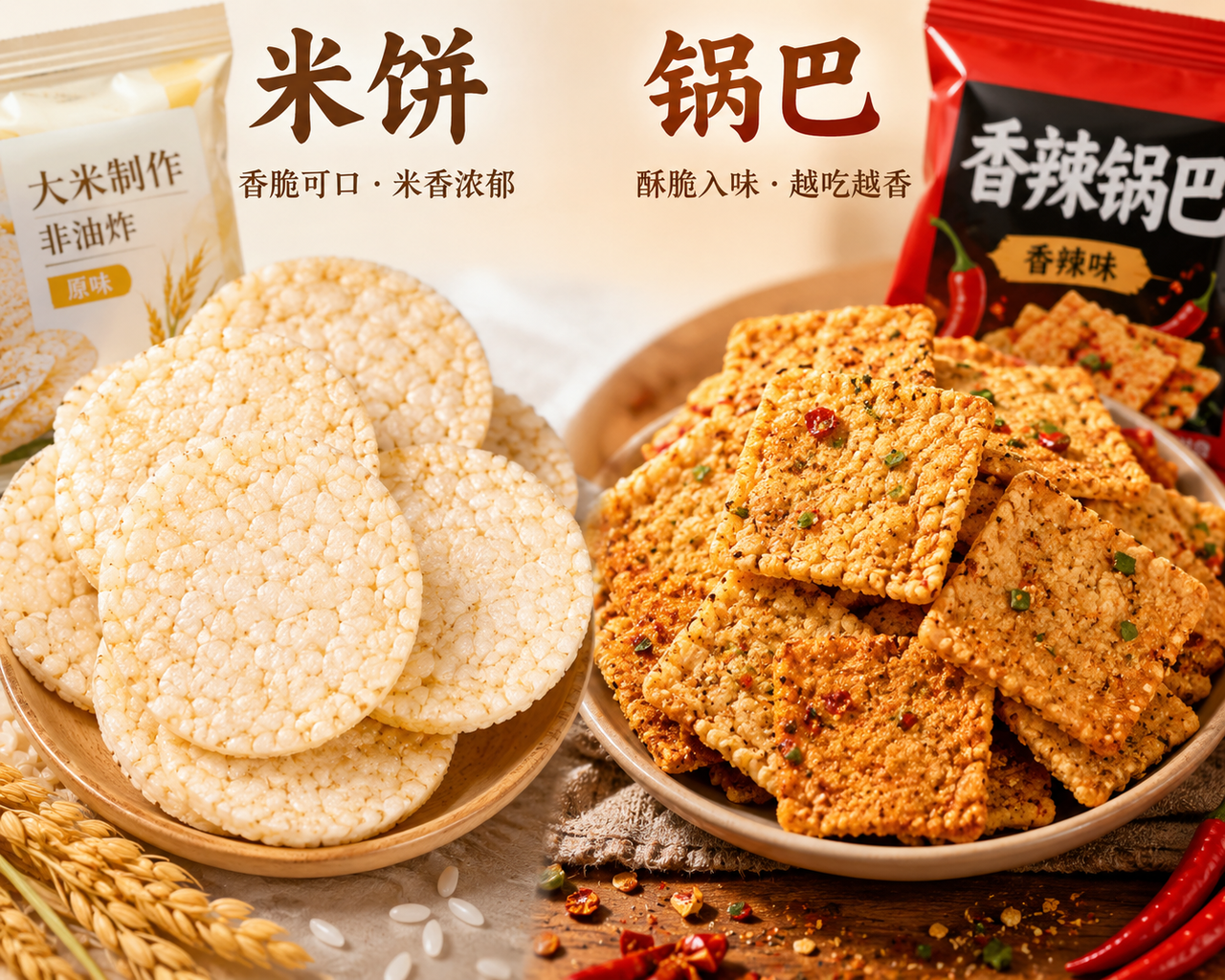 Chinese rice cakes and crispy guoba rice crackers displayed together with traditional grain ingredients
