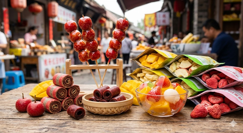 Popular fruity Chinese snacks including hawthorn rolls and freeze-dried fruits