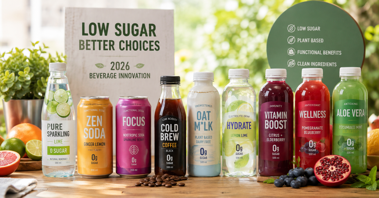 Assorted low sugar beverages including sparkling water, cold brew coffee, and functional drinks