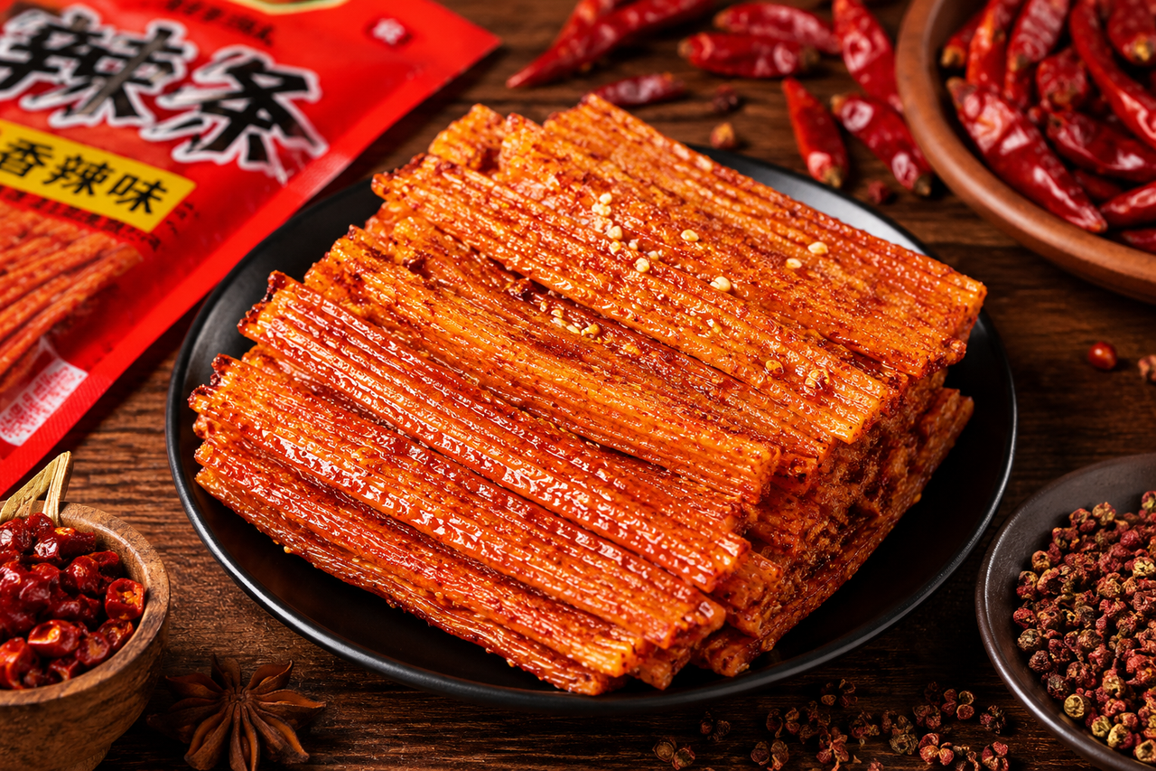 Popular Chinese spicy snack Latiao with chili and Sichuan peppercorns
