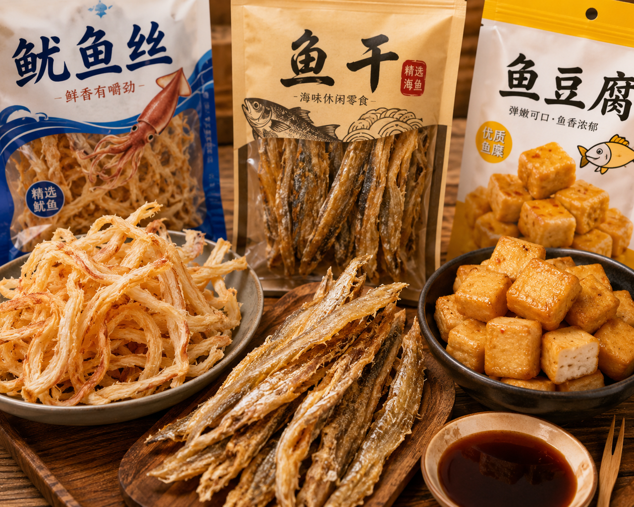 Assorted Chinese seafood snacks featuring shredded squid, dried fish strips, and fish tofu cubes