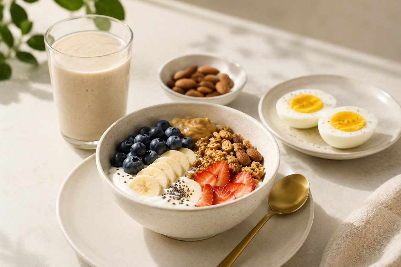 High-protein dairy free breakfast spread with a fruit yogurt bowl and boiled eggs