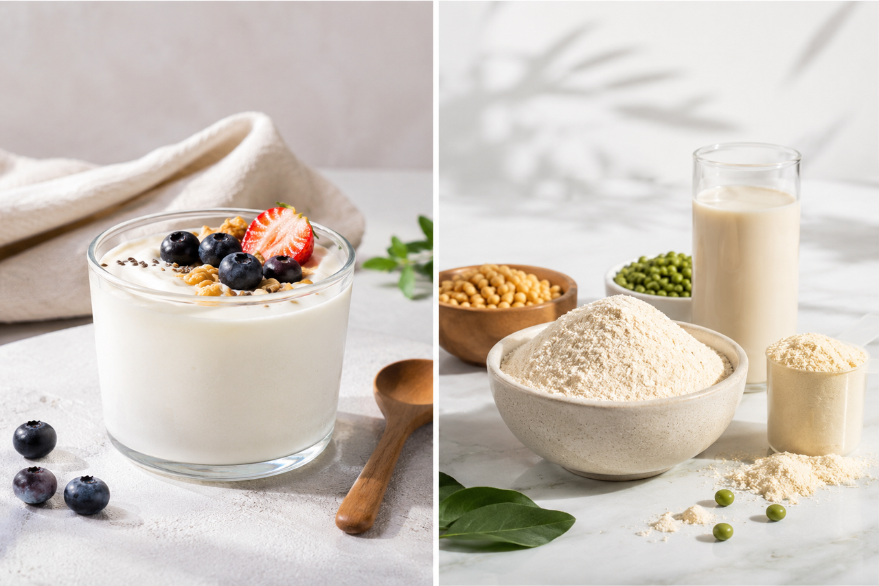 High-protein dairy free yogurt bowl with berries and plant protein ingredients