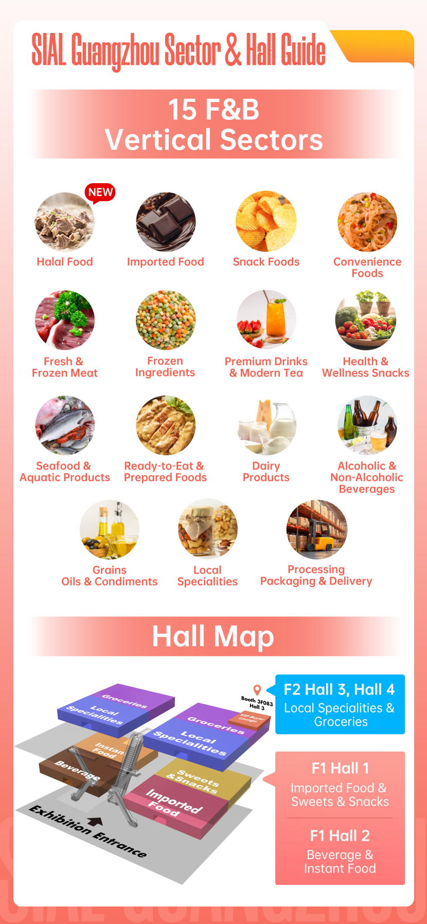 SIAL Guangzhou sector and hall guide showing 15 F&B vertical sectors
