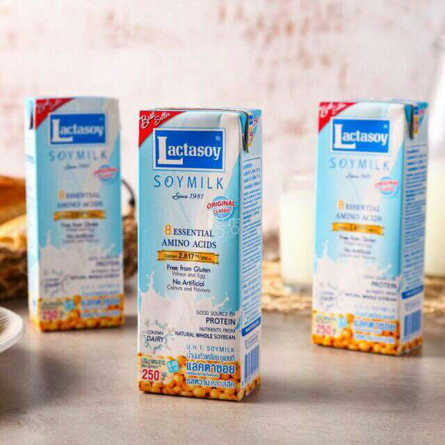 Lactasoy brand soymilk packaging displaying gluten-free and high protein nutritional benefits