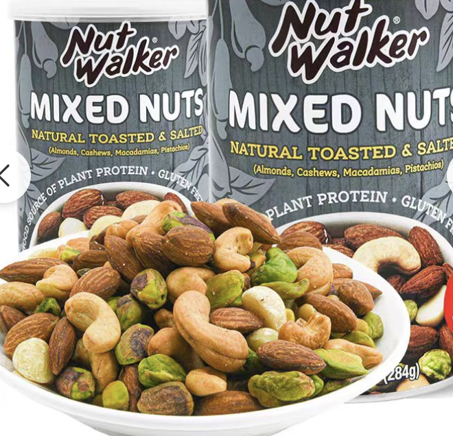 Nut Walker mixed nuts naturally toasted and salted in a white bowl