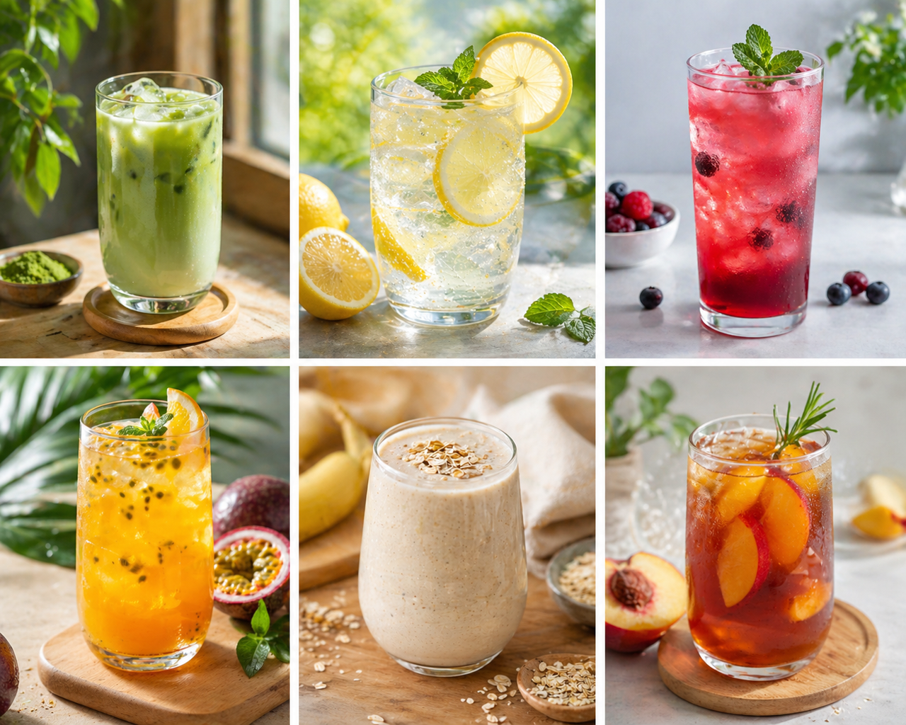 Six non-alcoholic drinks in a clean grid with fruit and ice
